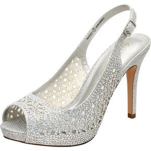 Women's SilverGlitter High Heels Platform Dress Rhinestones Peep Toe Pumps Shoes